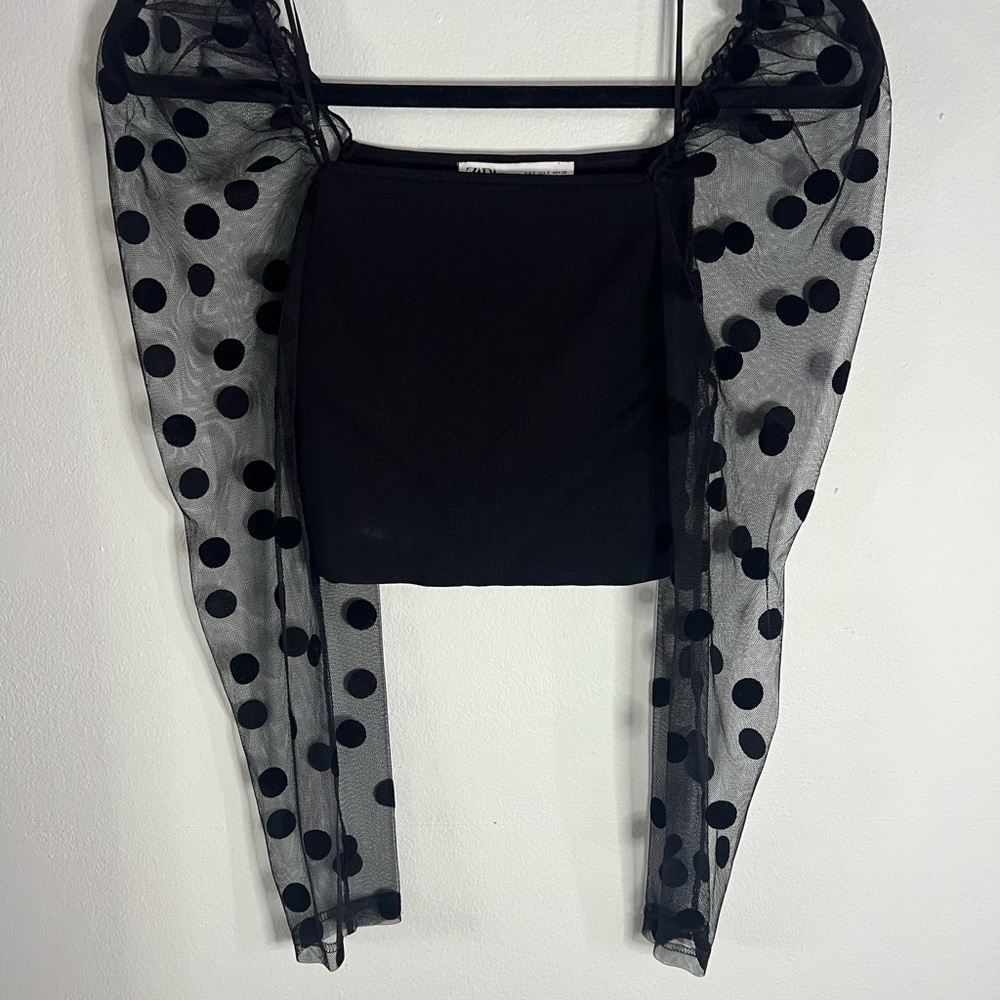 Zara Black Top with Polka Dot Mesh Sleeves